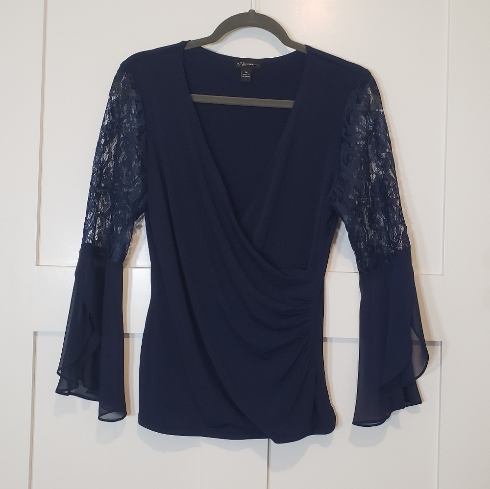 S. Levine Faux Wrap V Neck Stretchy Laced Arms Bell Sleeves Navy Blue Medium